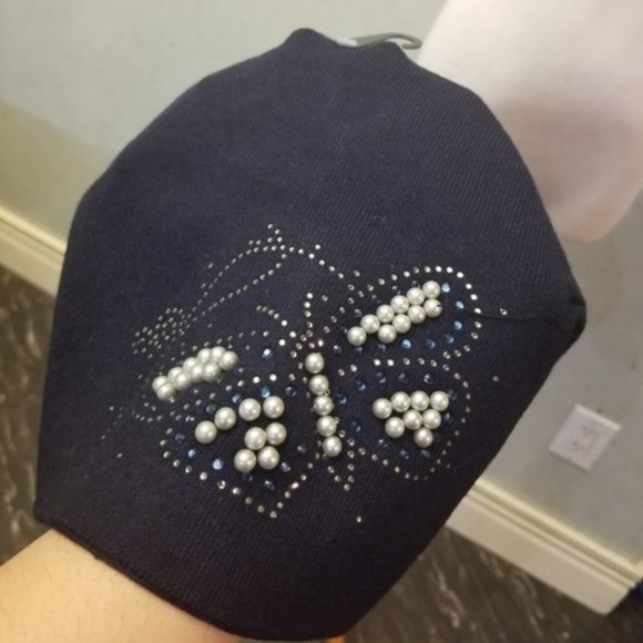 Rhinestone pearl butterfly Raccoon pompom Navy Hat - Picture 2 of 8